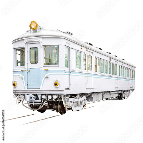 An old fashioned train car is isolated on a clean bright white background.