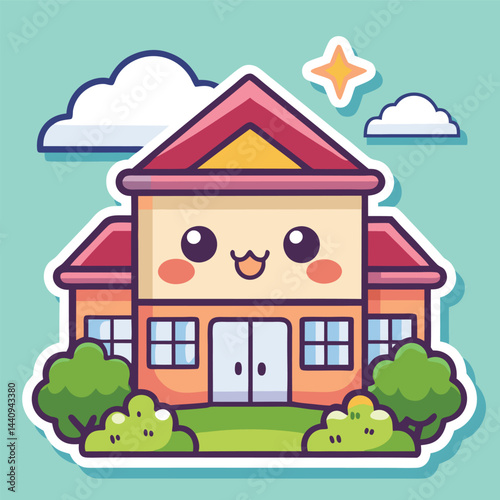 Cute cartoon school building with happy expression