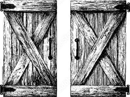 Vintage engraved illustration of rustic wooden barn doors for design and decoration