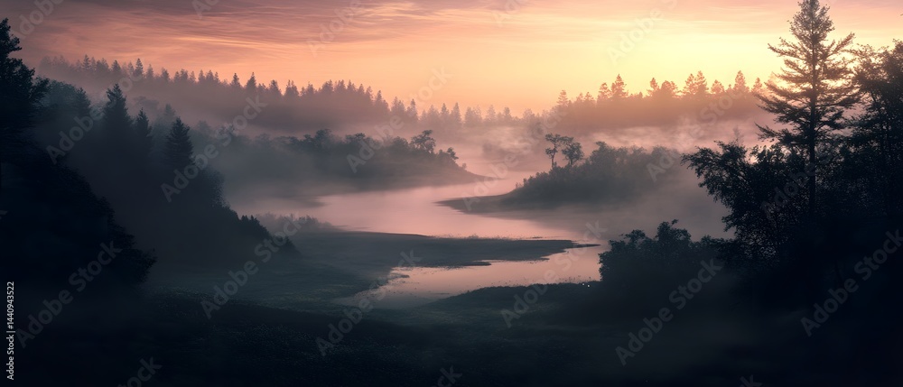 Obraz premium Misty River at Dawn: Serene landscape photo of a river winding through a misty forest at dawn. The soft light of the rising sun casts a magical glow on the scene.