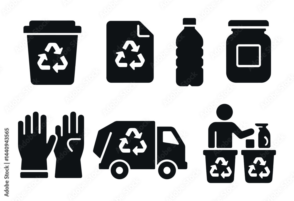 Recycling and waste management solid icons set – silhouette style eco-friendly, sustainability, and environmental symbols for green initiatives: bin, paper, bottle, jar, gloves, truck, person.