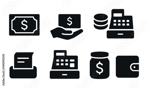 Finance and economy solid icons set – filled style banking, currency, and investment symbols for budgeting: cash, credit card, coin stack, cash register, receipt, savings jar, wallet.
