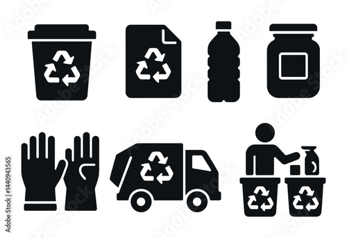 Obraz na płótnie Recycling and waste management solid icons set – silhouette style eco-friendly, sustainability, and environmental symbols for green initiatives: bin, paper, bottle, jar, gloves, truck, person. w salonie