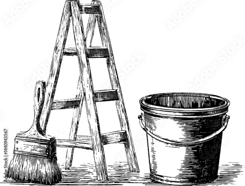 Vintage engraving of ladder, paintbrush, and bucket for home renovation design