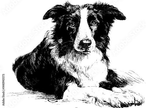 Detailed engraved illustration of a border collie dog for art prints