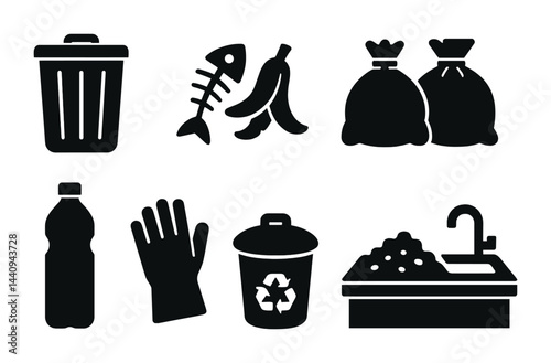Waste management solid icons collection – flat style recycling, sustainability, and garbage symbols for environmental planning: trash bin, compost, recycle bag, plastic bottle, gloves, kitchen sink.