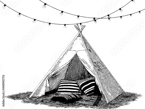 Play tent and cushion set with string lights concept - engraved illustration for child's room design