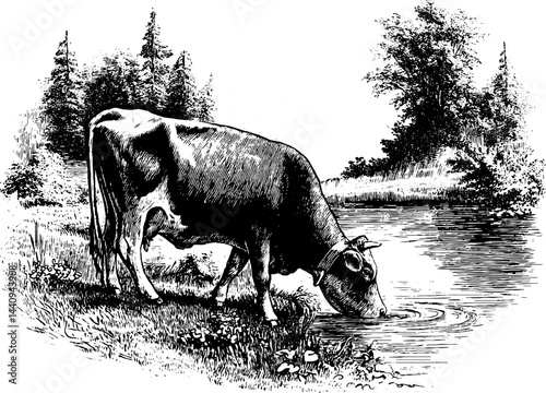 Engraved illustration of a grazing cow in a serene landscape