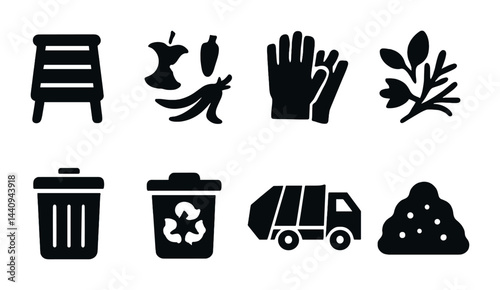 Gardening and waste management solid icons set – silhouette style eco-friendly tools, compost, and recycling symbols for sustainable living: compost bin, gloves, plants, garbage truck, seedlings,
