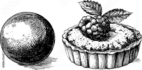 Vintage engraved illustration of fudge ball and berry tart for culinary design