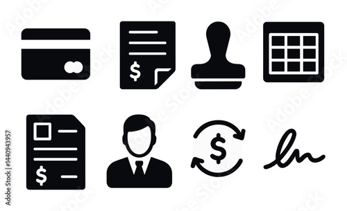 Finance and business silhouette icon set – solid style economy, banking, and commerce symbols for financial management: credit card, invoice, stamp, calendar, contract, transaction.