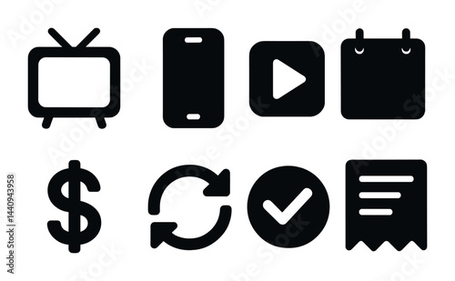 Business tools solid icons set – flat style corporate, financial, and technology symbols for workflow management: tv, smartphone, play button, calendar, dollar, refresh, checkmark, receipt.