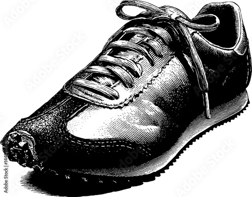 Vintage engraved illustration of track shoes with black laces for sports design
