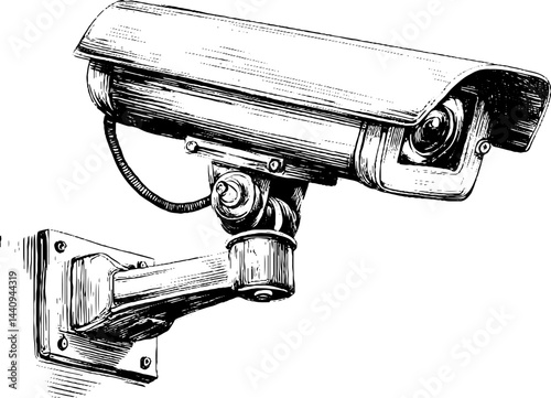 Intricate engraved illustration of security camera design for monitoring and surveillance concepts