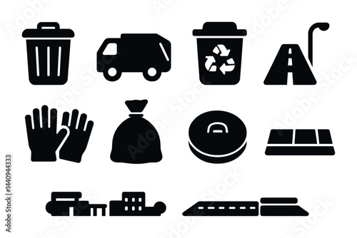 Urban waste management solid icons set – flat style recycling, sanitation, and disposal symbols for eco-friendly solutions: trash bin, garbage truck, recycling, gloves, road