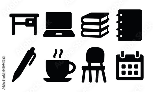 Office and study essentials: desk, laptop, books, notebook, pen, coffee cup, chair, calendar for workspace inspiration