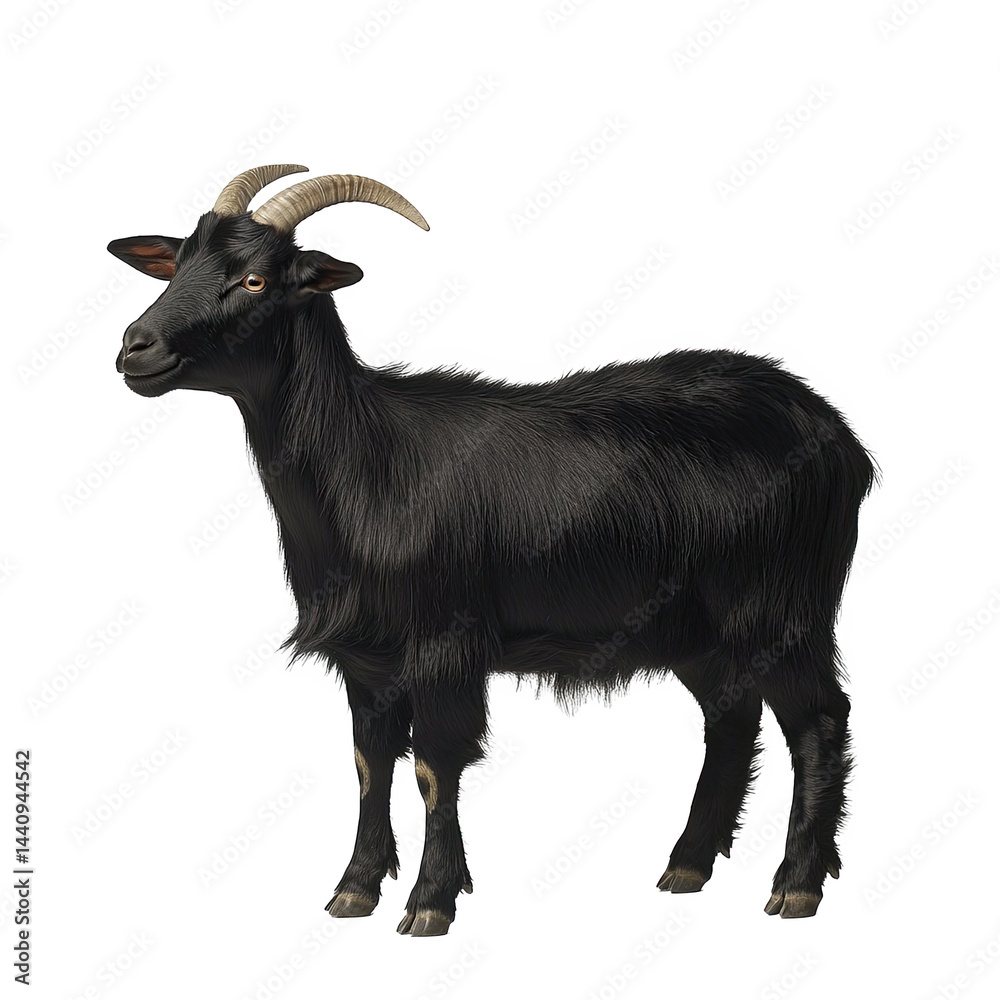 Fototapeta premium Majestic black goat with long silky fur standing isolated on pet farm side on transparent background