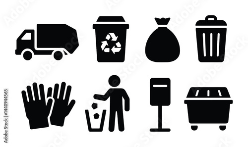 Waste management and recycling icon set – solid style eco-friendly, sustainability, and garbage symbols for green initiatives: truck, bin, bag, gloves, disposal, dumpster.