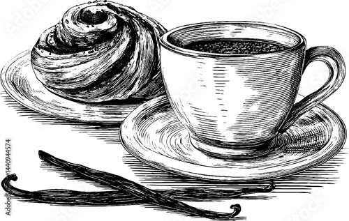 Engraved illustration of cinnamon bun and coffee cup with vanilla beans