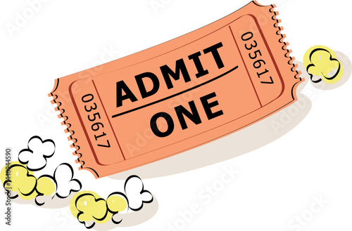 illustration of a movie ticket and a bowl of popcorn, capturing a cozy cinema experience. Perfect for promoting movie nights, entertainment, and events