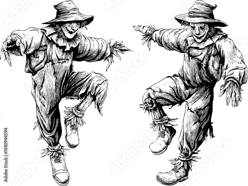 Engraved illustration of scarecrow set featuring rustic costume and bold black lines