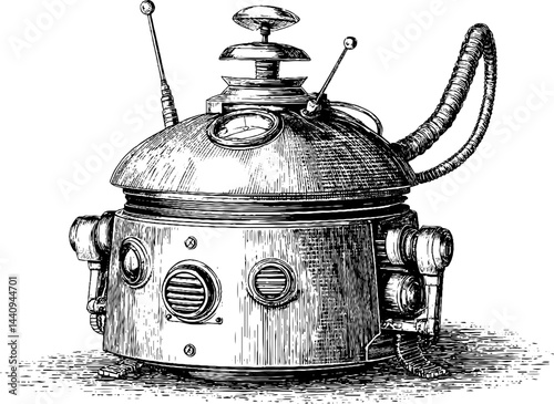 Engraved vintage style illustration of a retro robot vacuum cleaner