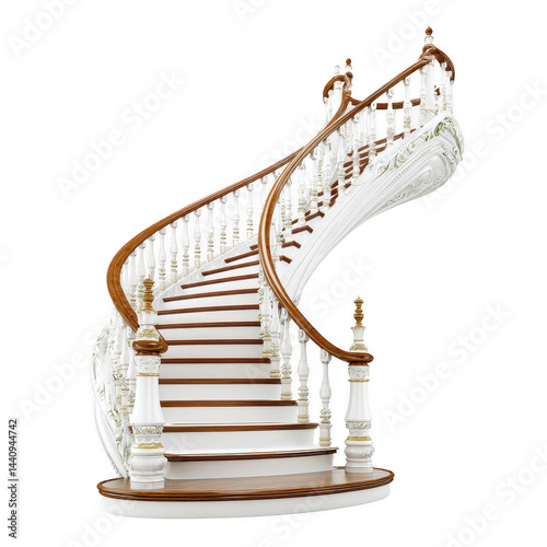 An ornate spiral staircase with white balusters curves gracefully upward.