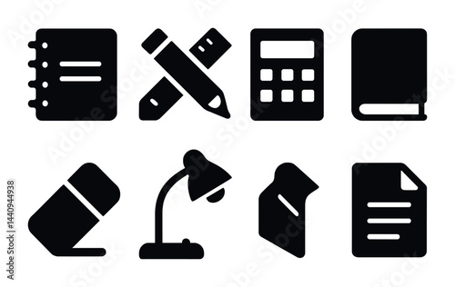 Office supplies solid icons set – filled style productivity, workspace, and stationery symbols for organization: notebook, pencil, calculator, book, eraser, lamp, paper.
