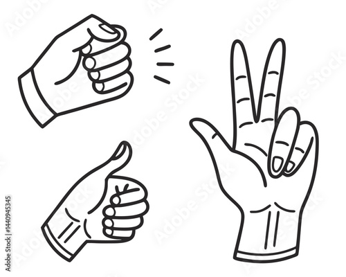 Hand Gestures Fist, Thumbs Up, and Peace Sign on white background
