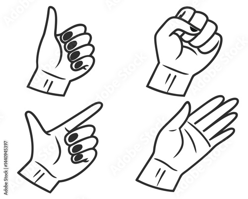 Hand Gestures Thumbs Up, Fist, Pointing, Open Hand in Line Art