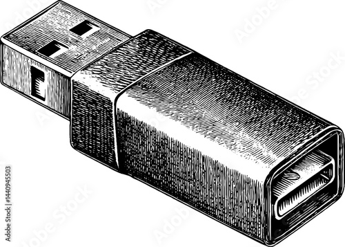 Engraved usb stick illustration in black bold lines for digital technology design