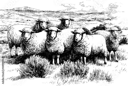 Pastoral landscape with flock of sheep in vintage engraved style