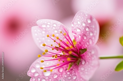 Delicate macro photograph of a single pink cherry blossom flower covered in fresh morning dew drops, soft pastel background blurred, gentle lighting h