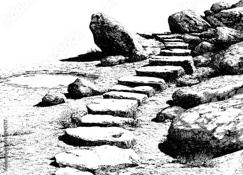 Engraved illustration of a stone pathway in a serene landscape setting