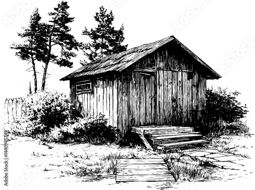 Rustic landscape with engraved wooden shed and trees for nature design
