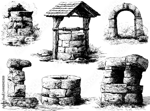 Vintage engraved illustration of rustic stone wells and structures for historical design