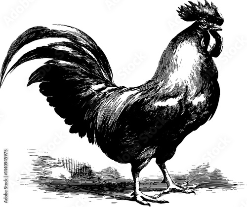 Detailed engraving of a rooster with bold black lines for artistic design