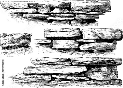 Engraved illustration set of dry stone wall designs for historical or rustic decor
