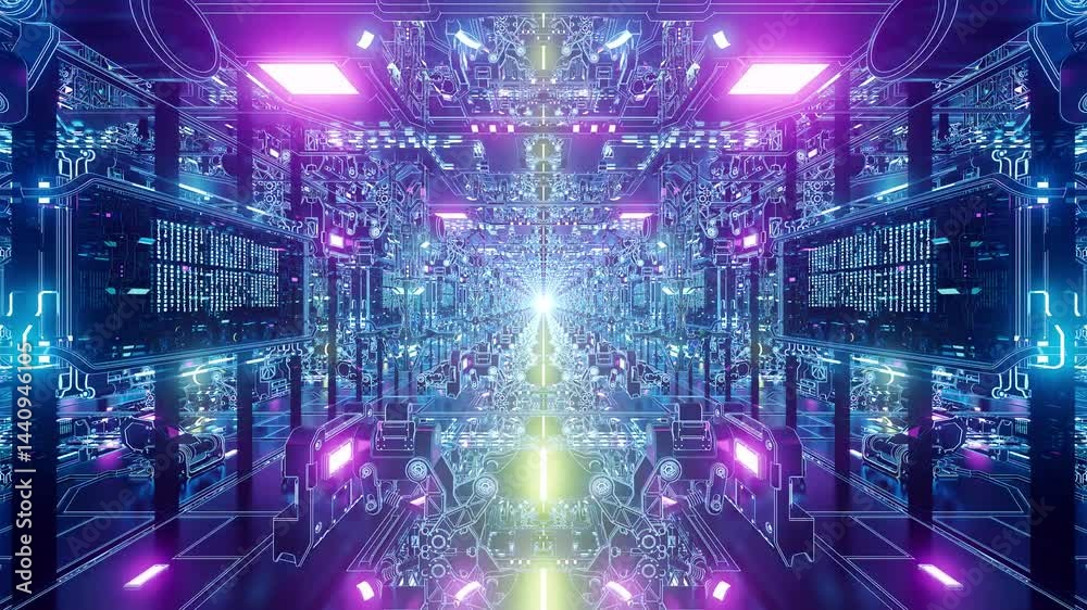 A robotic data tunnel with bright, flickering neon lights. in seamless VJ loop. Perfect for visualization of audio beats in music videos, stage performance walls
