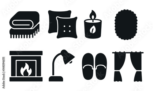 Cozy home silhouette icons set – filled style comfort, relaxation, and interior symbols for warm ambiance: blanket, pillow, candle, rug, fireplace, lamp, slippers, curtains.