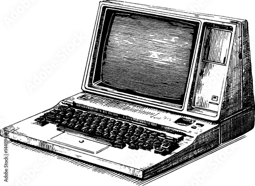 Vintage laptop engraved illustration with bold black lines for retro design