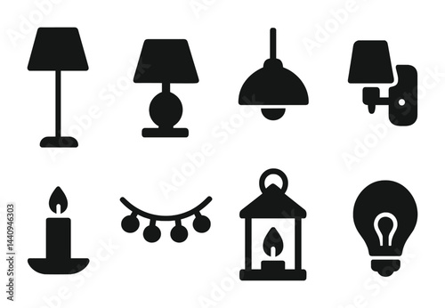 Home lighting silhouette icons set – solid style ambiance, interior, and illumination symbols for decor: lamp, pendant light, wall sconce, candle, lantern, bulb, string lights