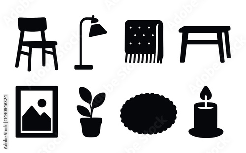Home decor solid icons set – filled style interior design, cozy living, house essentials: chair, lamp, rug, table, picture frame, plant, mirror, candle.