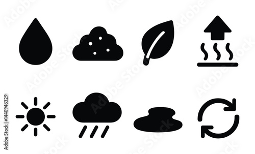 Weather and nature solid icons set – flat style meteorology, environment, climate symbols for forecasting: raindrop, cloud, leaf, sun, rain, evaporation, cycle.