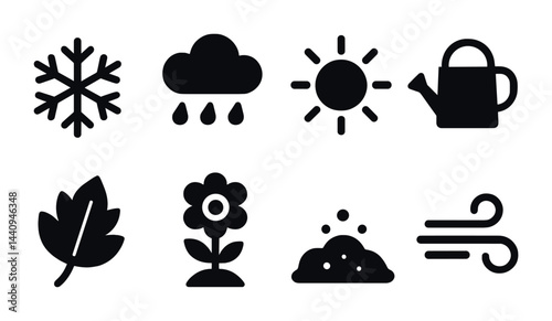 Weather and nature solid icons set – flat style climate, seasonal, and gardening symbols: snowflake, cloud, sun, watering can, leaf, flower, soil, wind.