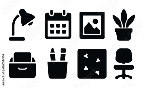 Home office solid icon set – simple and modern workstation essentials for productivity: desk lamp, calendar, picture frame, plant, drawer, stationery, pinboard, chair.