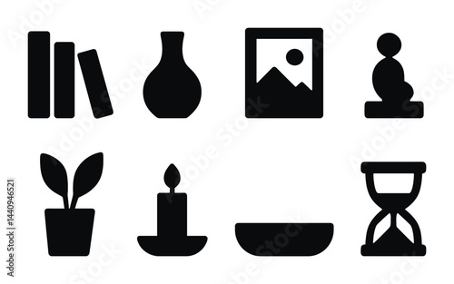 Home decor icon set – solid style symbols for interior design and decoration: bookshelf, vase, picture frame, sculpture, plant, candle, bowl, hourglass.