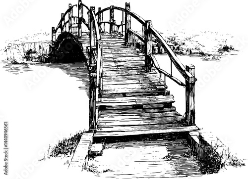 Vintage engraved footbridge illustration for historical design projects