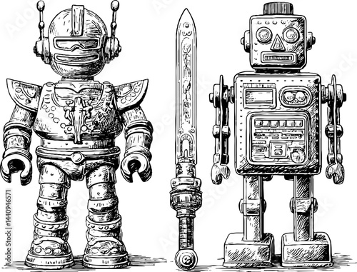 Engraved illustration of retro action figures and robot toys for design projects