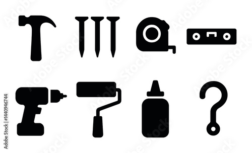 Construction tools solid icons set – filled-style diy, hardware, building symbols for project planning: hammer, nails, tape measure, level, drill, paint roller, glue, hook